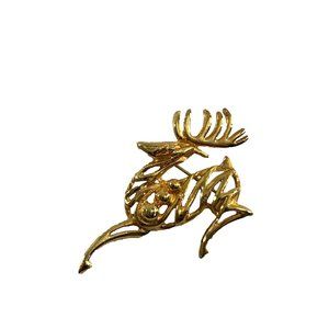 Vintage AM Lee Gold Tone Brooch Pin Jumping Leaping Reindeer Christmas Open Work